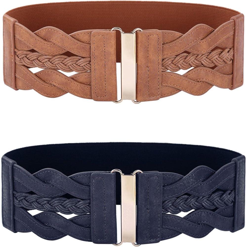 imageGRACE KARIN Womens Elastic Wide Belts Vintage Stretchy Belt Retro Fashion Cinch Belts for DressesBrown Navy Blue
