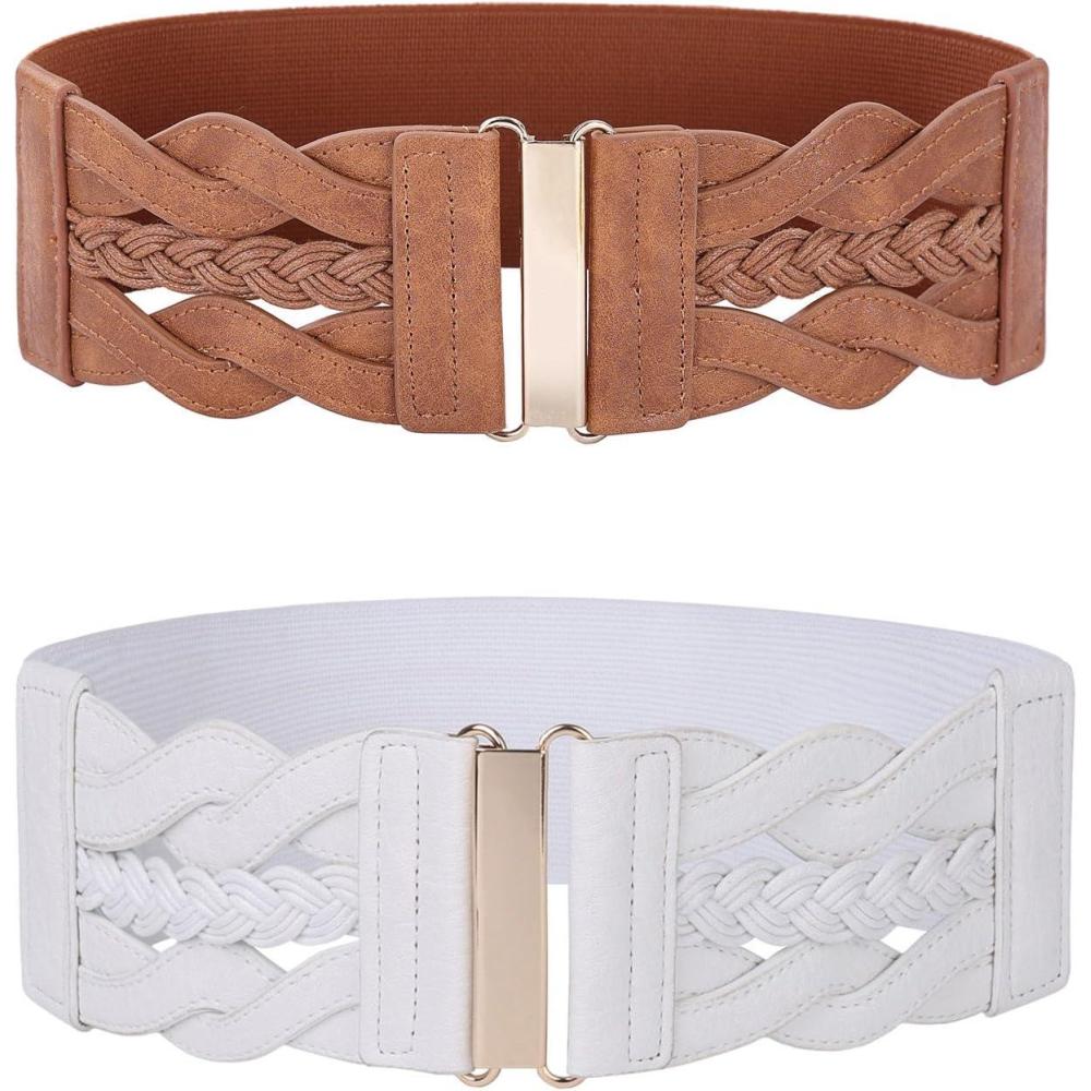 imageGRACE KARIN Womens Elastic Wide Belts Vintage Stretchy Belt Retro Fashion Cinch Belts for DressesWhite Brown