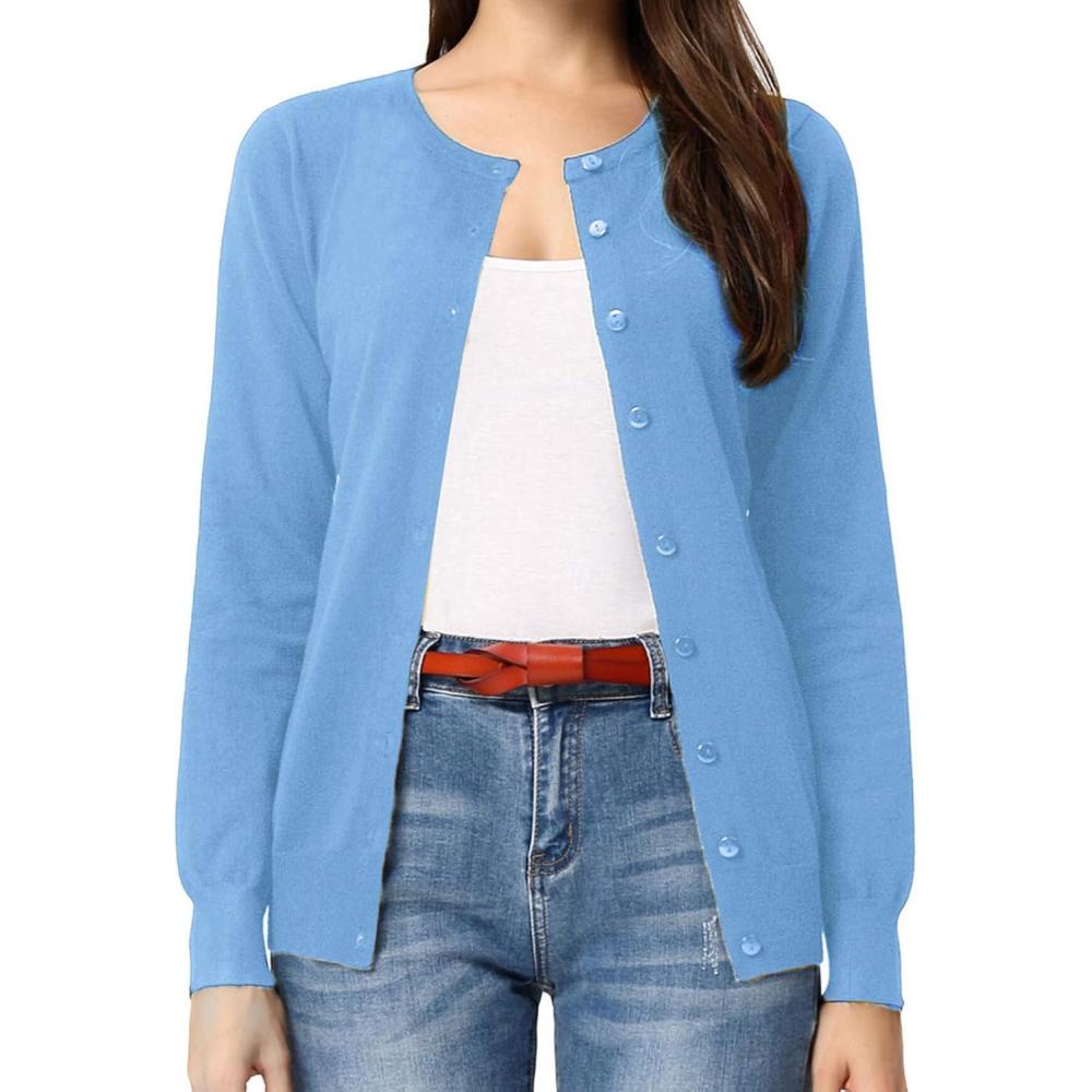 imageGRACE KARIN Womens Long Sleeve Button Down Crew Neck Classic Sweater Knit CardiganBaby Blue