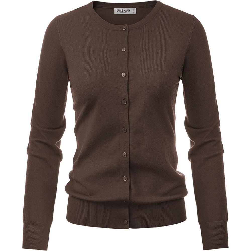 imageGRACE KARIN Womens Long Sleeve Button Down Crew Neck Classic Sweater Knit CardiganCoffee