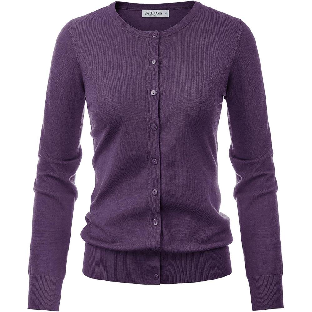 imageGRACE KARIN Womens Long Sleeve Button Down Crew Neck Classic Sweater Knit CardiganDark Purple
