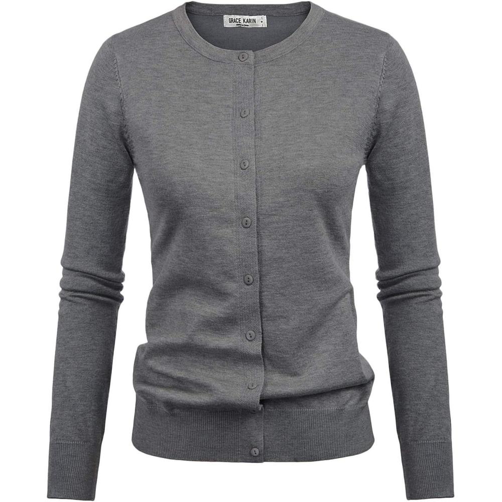 imageGRACE KARIN Womens Long Sleeve Button Down Crew Neck Classic Sweater Knit CardiganHeather Grey