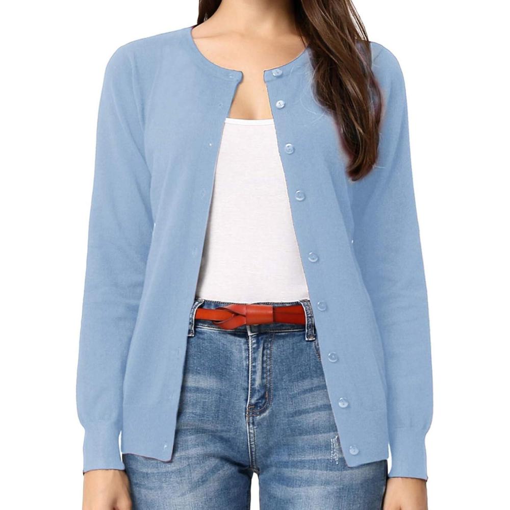 imageGRACE KARIN Womens Long Sleeve Button Down Crew Neck Classic Sweater Knit CardiganLight Blue