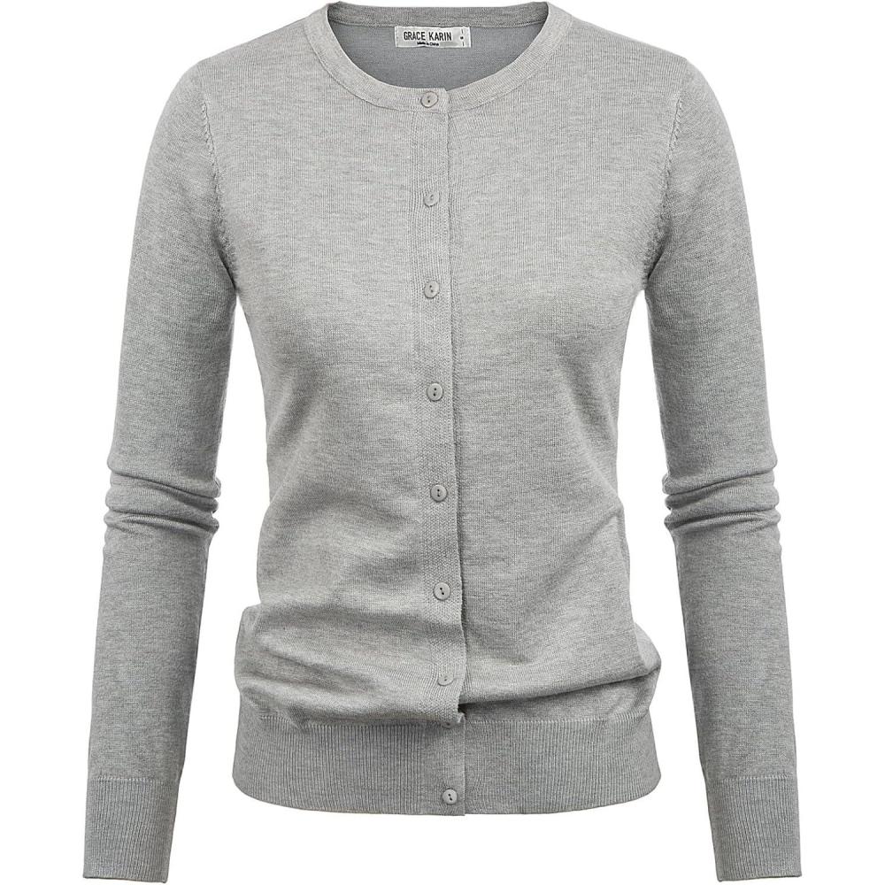 imageGRACE KARIN Womens Long Sleeve Button Down Crew Neck Classic Sweater Knit CardiganLight Gray
