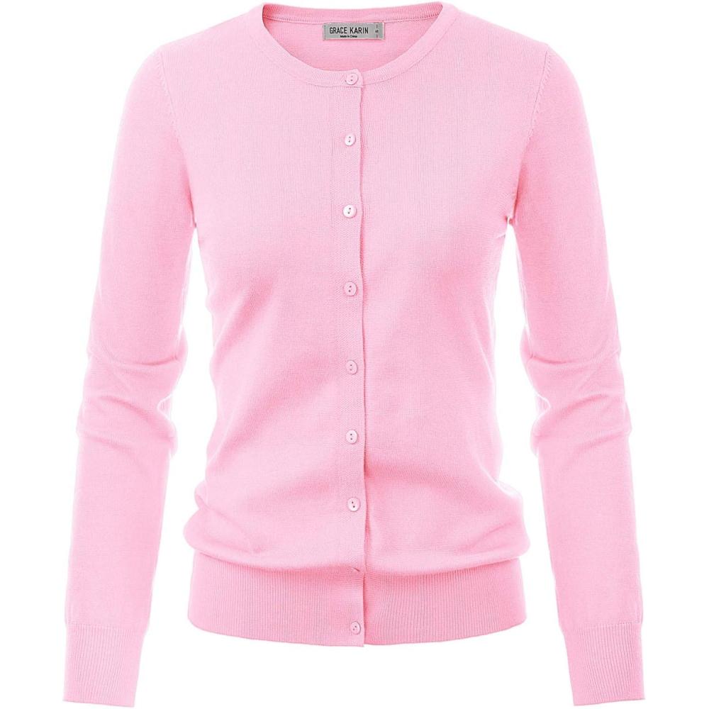 imageGRACE KARIN Womens Long Sleeve Button Down Crew Neck Classic Sweater Knit CardiganLight Pink