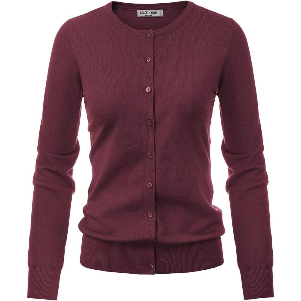 imageGRACE KARIN Womens Long Sleeve Button Down Crew Neck Classic Sweater Knit CardiganPurple