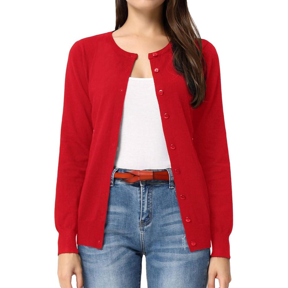 imageGRACE KARIN Womens Long Sleeve Button Down Crew Neck Classic Sweater Knit CardiganRed
