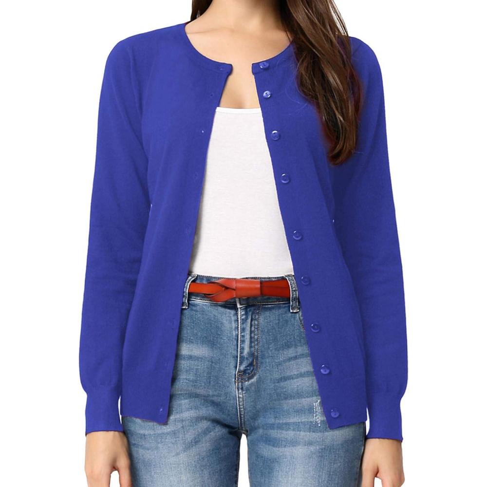 imageGRACE KARIN Womens Long Sleeve Button Down Crew Neck Classic Sweater Knit CardiganRoyal Blue
