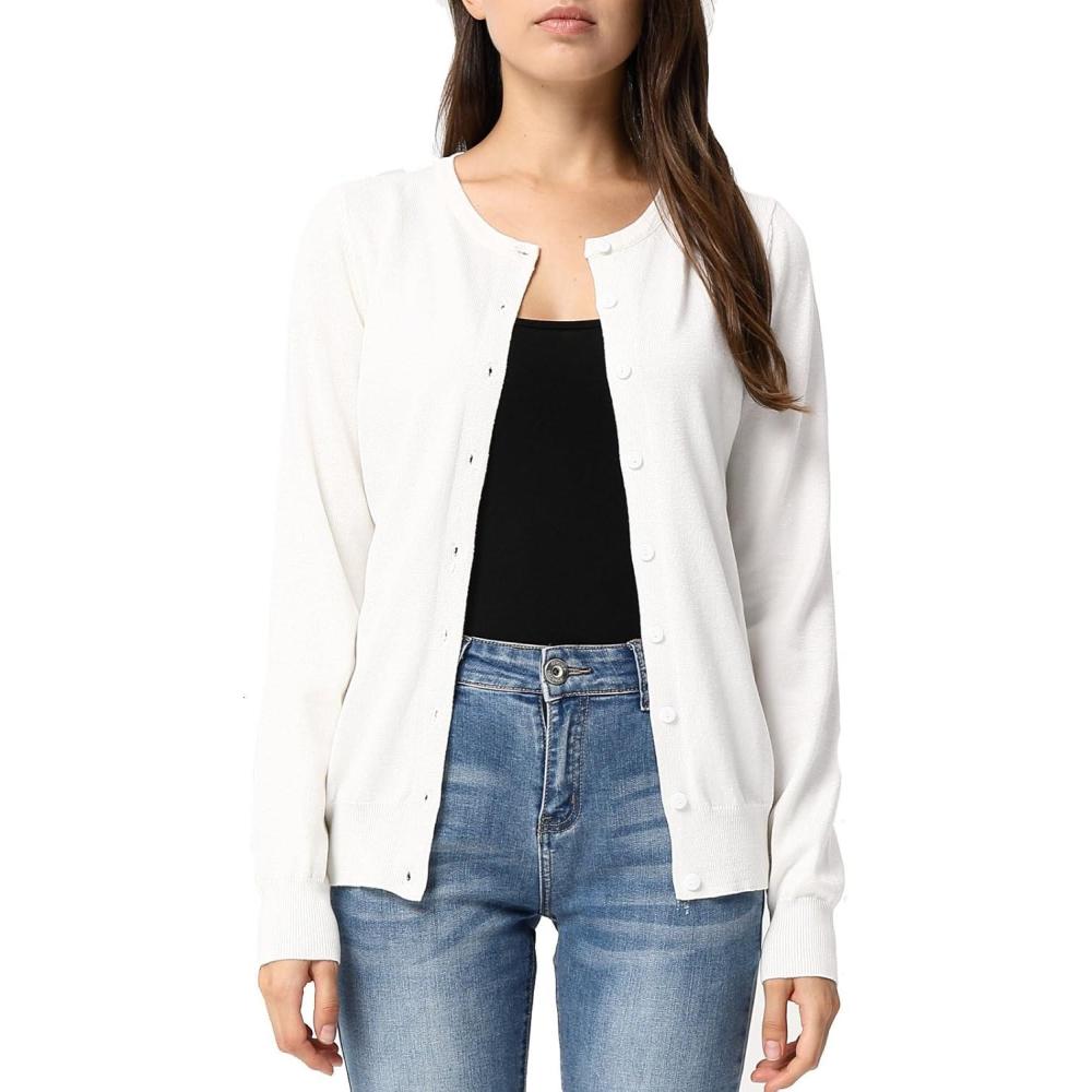 imageGRACE KARIN Womens Long Sleeve Button Down Crew Neck Classic Sweater Knit CardiganWhite