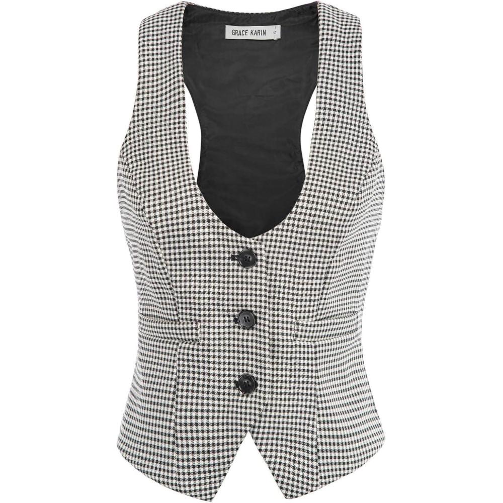 imageGRACE KARIN Womens Suit Vest Top Dressy Casual Sleeveless Button Wasitcoat Fromal Steampunk Blazer For Work OfficeBlack Plaid