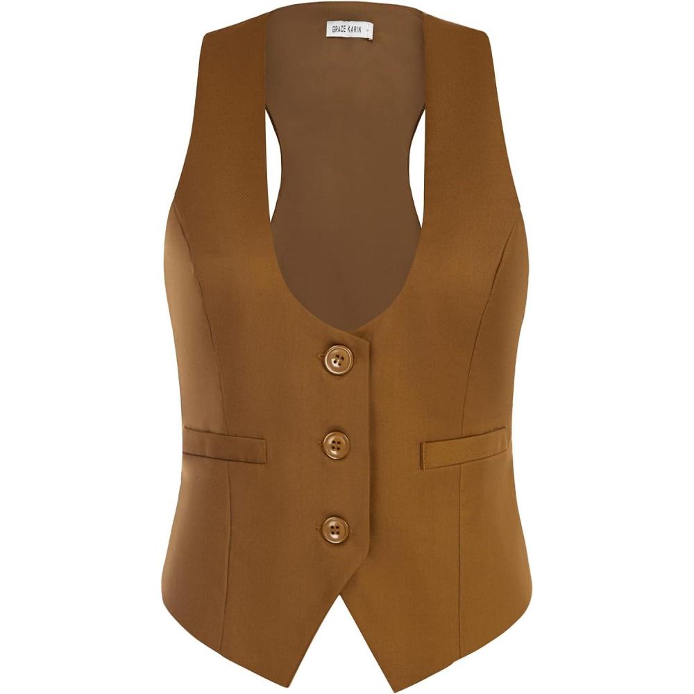imageGRACE KARIN Womens Suit Vest Top Dressy Casual Sleeveless Button Wasitcoat Fromal Steampunk Blazer For Work OfficeBrown