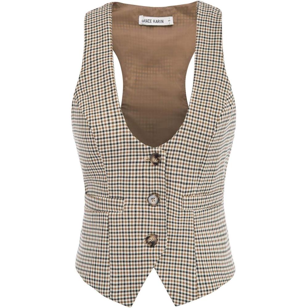 imageGRACE KARIN Womens Suit Vest Top Dressy Casual Sleeveless Button Wasitcoat Fromal Steampunk Blazer For Work OfficeBrown Plaid