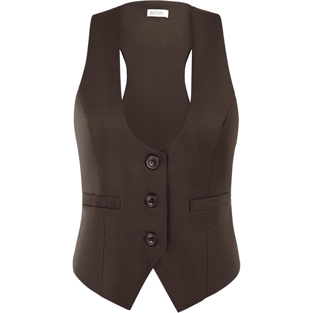 imageGRACE KARIN Womens Suit Vest Top Dressy Casual Sleeveless Button Wasitcoat Fromal Steampunk Blazer For Work OfficeChocolate Brown