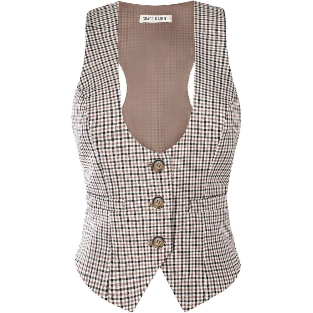 imageGRACE KARIN Womens Suit Vest Top Dressy Casual Sleeveless Button Wasitcoat Fromal Steampunk Blazer For Work OfficeCoffee White
