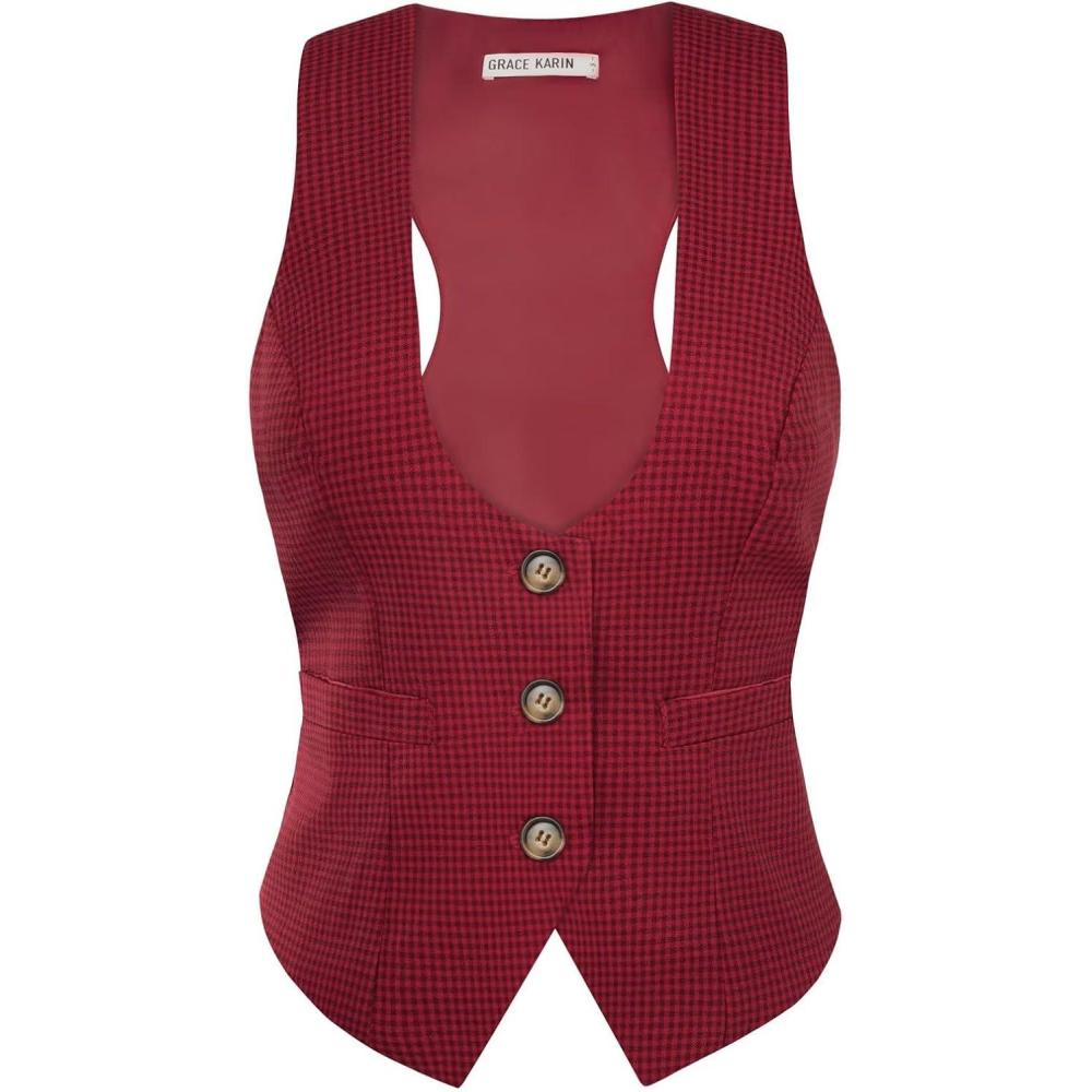 imageGRACE KARIN Womens Suit Vest Top Dressy Casual Sleeveless Button Wasitcoat Fromal Steampunk Blazer For Work OfficeDeep Red
