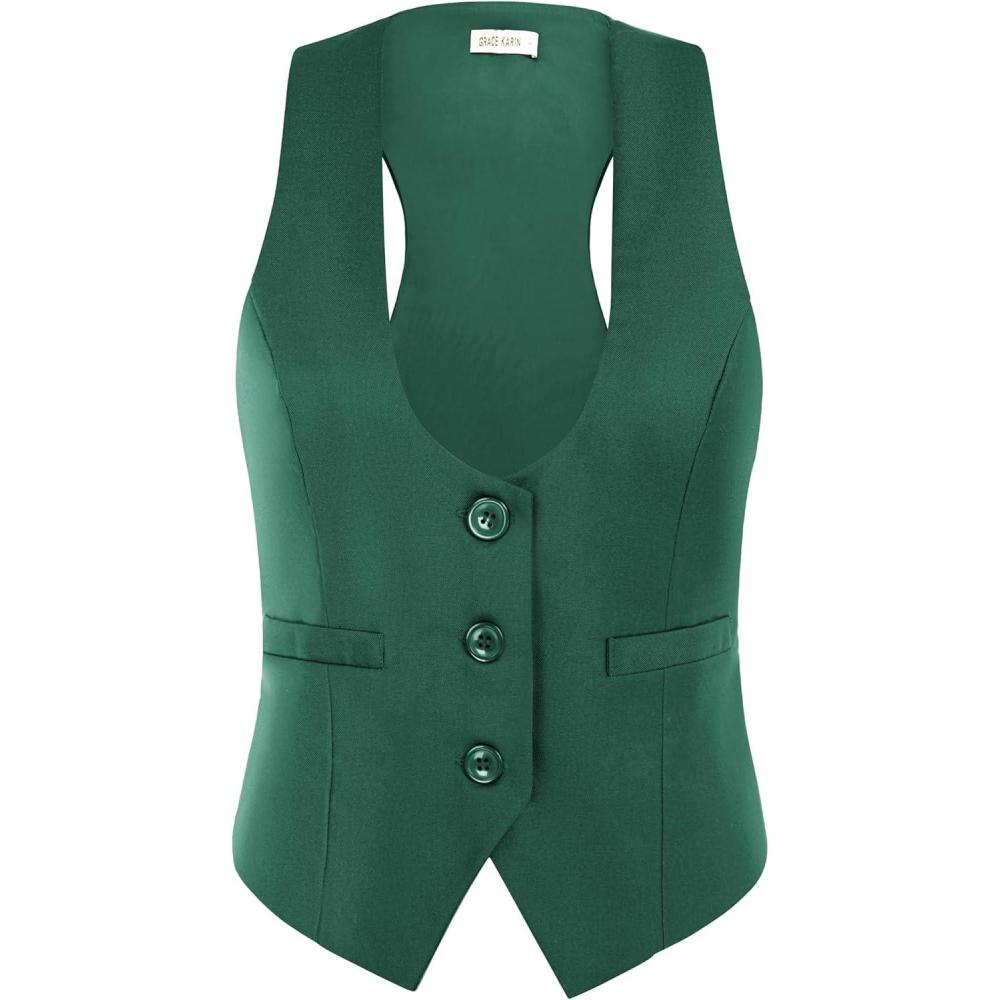 imageGRACE KARIN Womens Suit Vest Top Dressy Casual Sleeveless Button Wasitcoat Fromal Steampunk Blazer For Work OfficeForest Green