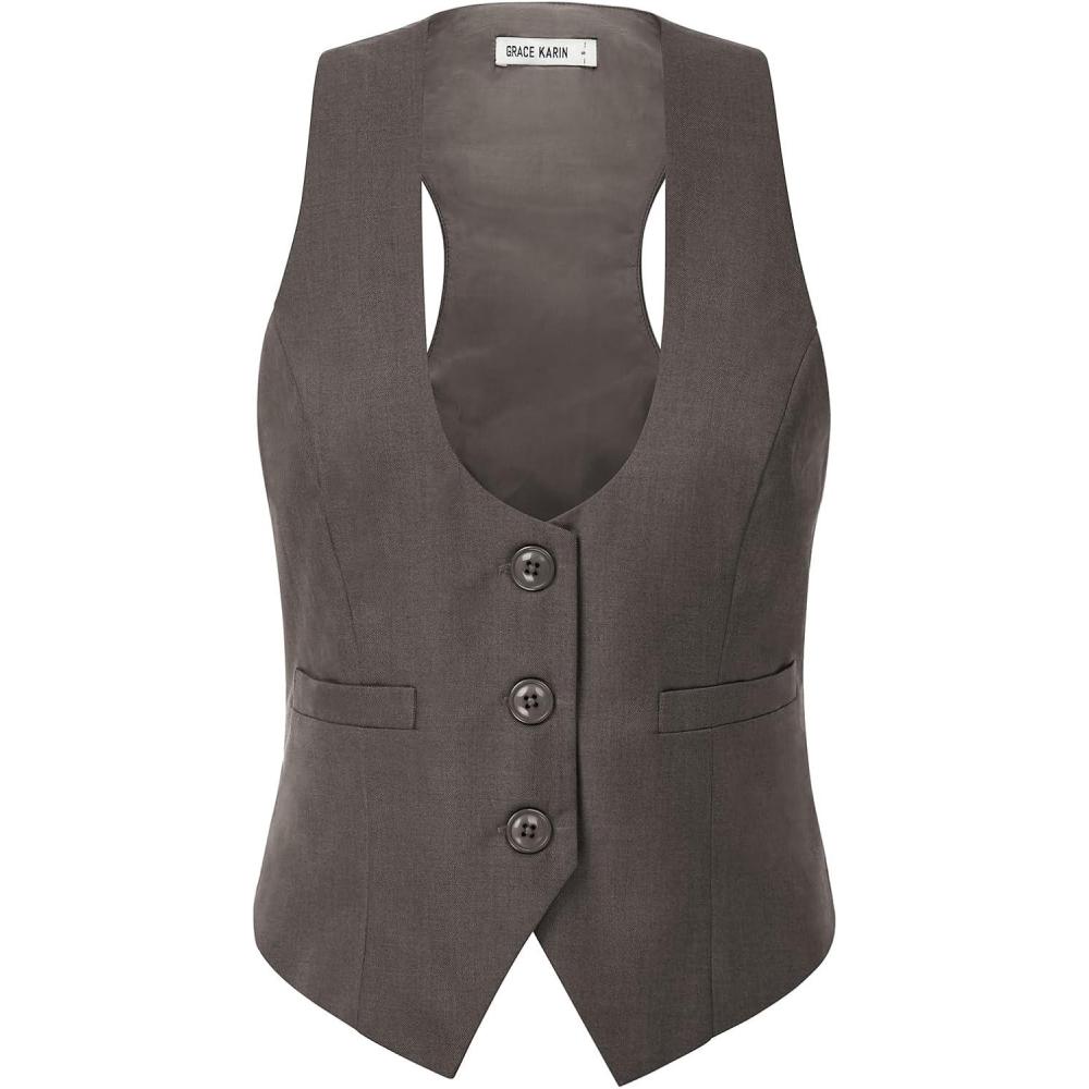 imageGRACE KARIN Womens Suit Vest Top Dressy Casual Sleeveless Button Wasitcoat Fromal Steampunk Blazer For Work OfficeGray Brown