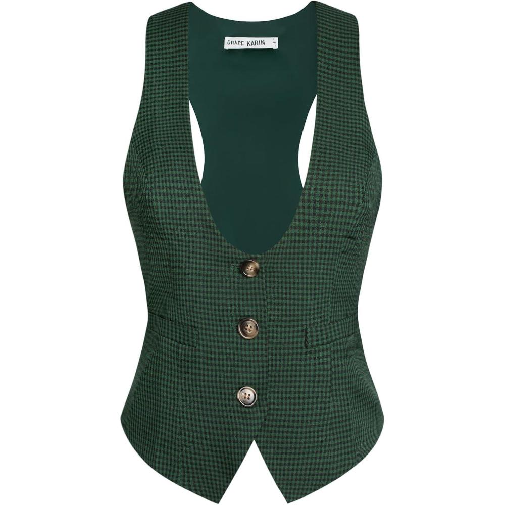 imageGRACE KARIN Womens Suit Vest Top Dressy Casual Sleeveless Button Wasitcoat Fromal Steampunk Blazer For Work OfficeGreen Plaid