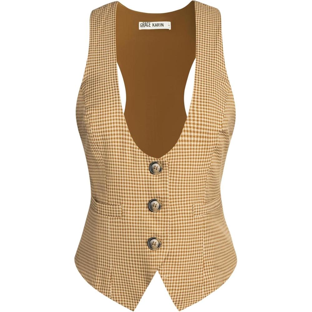 imageGRACE KARIN Womens Suit Vest Top Dressy Casual Sleeveless Button Wasitcoat Fromal Steampunk Blazer For Work OfficeKhaki Plaid