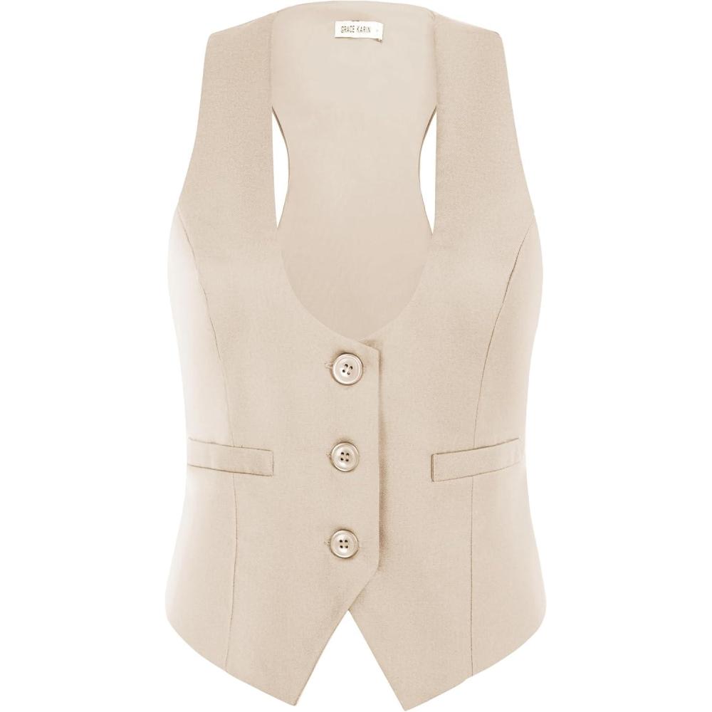 imageGRACE KARIN Womens Suit Vest Top Dressy Casual Sleeveless Button Wasitcoat Fromal Steampunk Blazer For Work OfficeLight Apricot