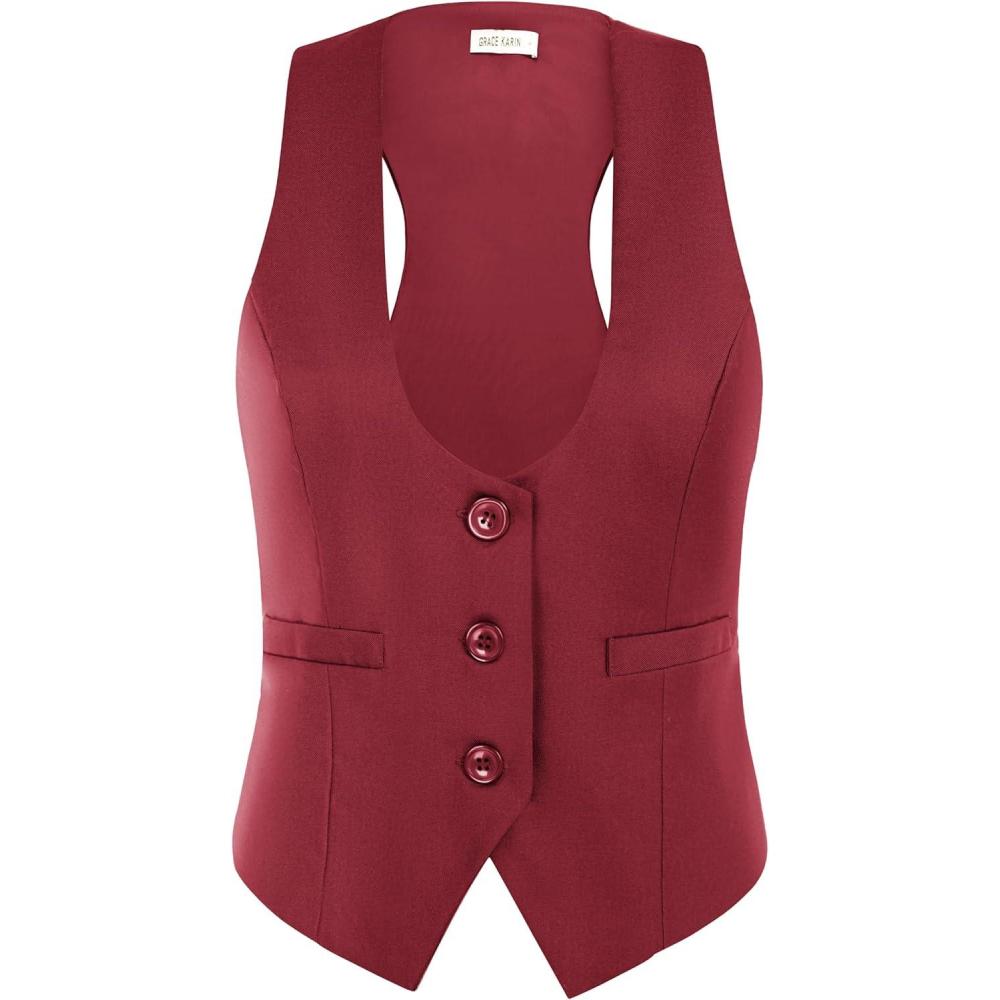 imageGRACE KARIN Womens Suit Vest Top Dressy Casual Sleeveless Button Wasitcoat Fromal Steampunk Blazer For Work OfficeMaroon