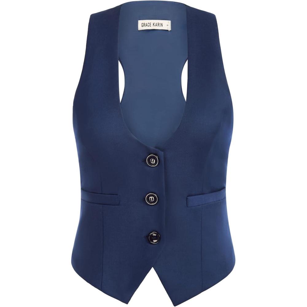 imageGRACE KARIN Womens Suit Vest Top Dressy Casual Sleeveless Button Wasitcoat Fromal Steampunk Blazer For Work OfficeNavy Blue