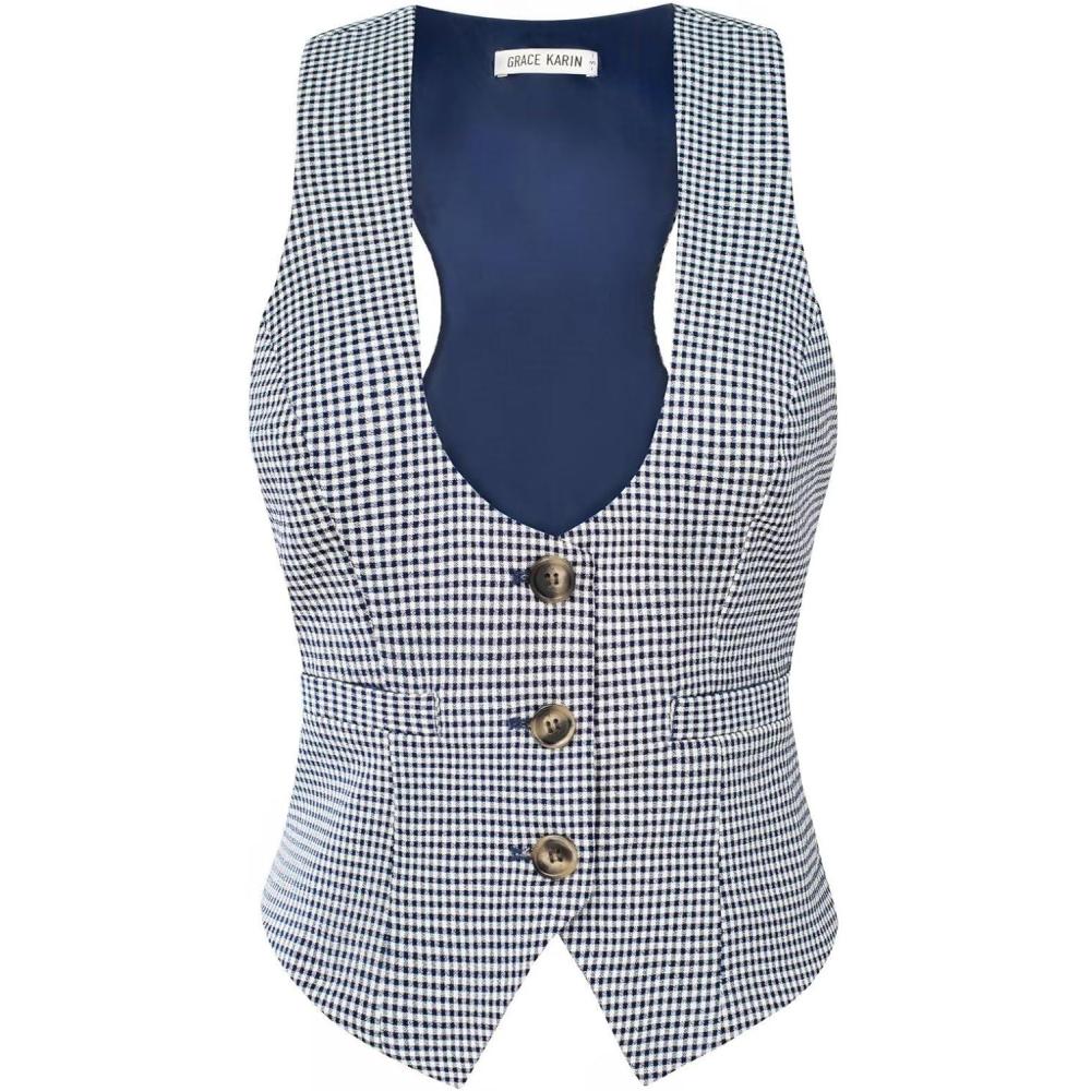 imageGRACE KARIN Womens Suit Vest Top Dressy Casual Sleeveless Button Wasitcoat Fromal Steampunk Blazer For Work OfficeNavy White