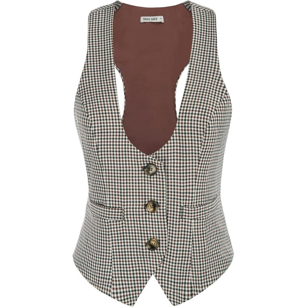 imageGRACE KARIN Womens Suit Vest Top Dressy Casual Sleeveless Button Wasitcoat Fromal Steampunk Blazer For Work OfficePlaid Coffee