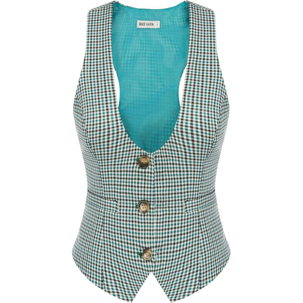 imageGRACE KARIN Womens Suit Vest Top Dressy Casual Sleeveless Button Wasitcoat Fromal Steampunk Blazer For Work OfficePlaid Teal