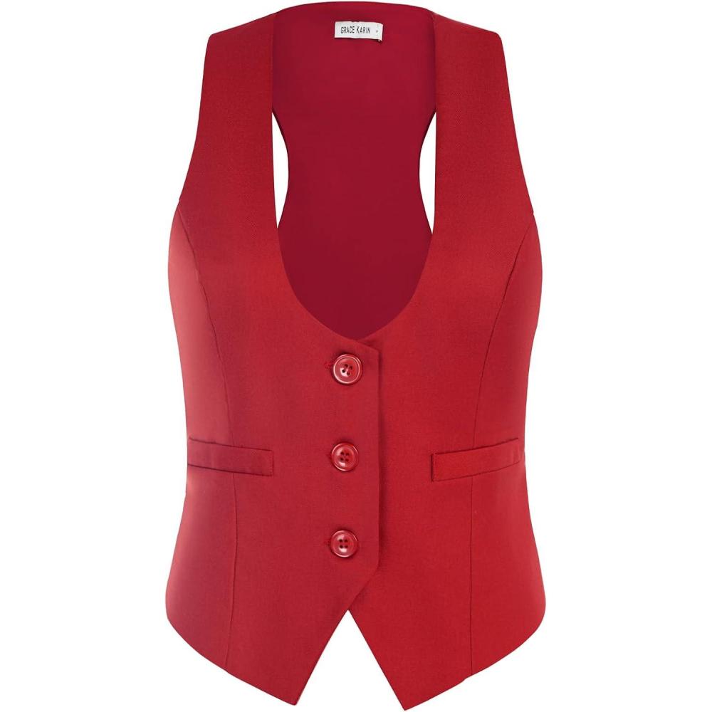 imageGRACE KARIN Womens Suit Vest Top Dressy Casual Sleeveless Button Wasitcoat Fromal Steampunk Blazer For Work OfficeRed