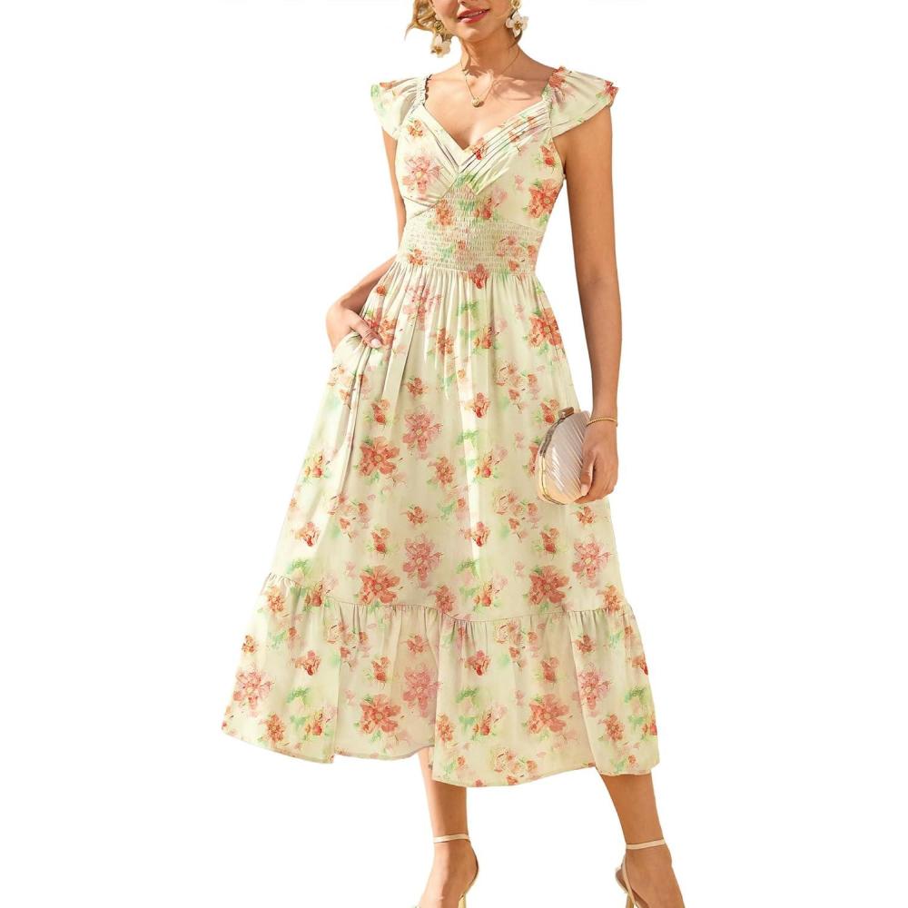 imageGRACE KARIN Womens Summer Floral Maxi Dress 2026 Ruffle Sleeve Smocked Sundress Flowy Wedding Guest Long Dresses with PocketYellow Floral