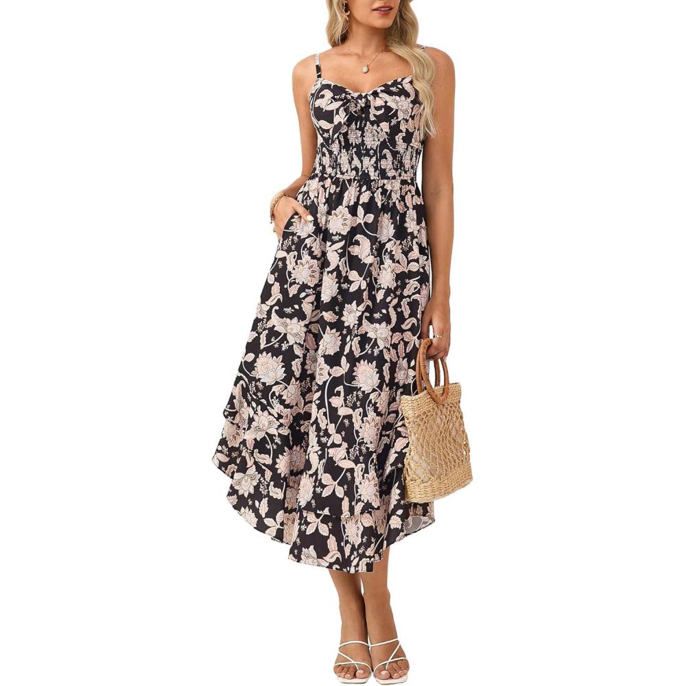 imageGRACE KARIN Womens Summer Floral Maxi Dress Spaghetti Strap A Line Beach Boho Dresses Ruffle Tiered Casual DressBlack and Beige Floral