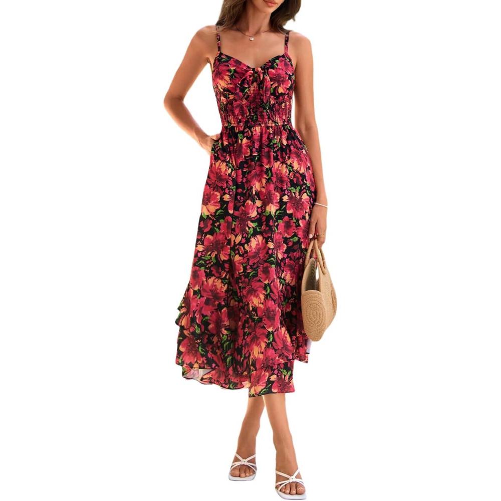 imageGRACE KARIN Womens Summer Floral Maxi Dress Spaghetti Strap A Line Beach Boho Dresses Ruffle Tiered Casual DressBlack and Red Floral