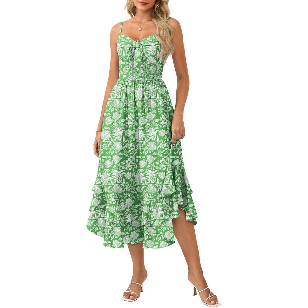 imageGRACE KARIN Womens Summer Floral Maxi Dress Spaghetti Strap A Line Beach Boho Dresses Ruffle Tiered Casual DressGreen and White Floral