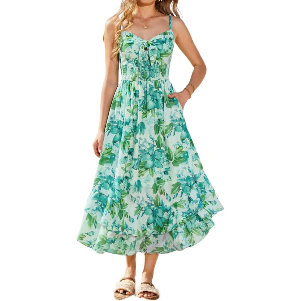 imageGRACE KARIN Womens Summer Floral Maxi Dress Spaghetti Strap A Line Beach Boho Dresses Ruffle Tiered Casual DressLight Green Floral