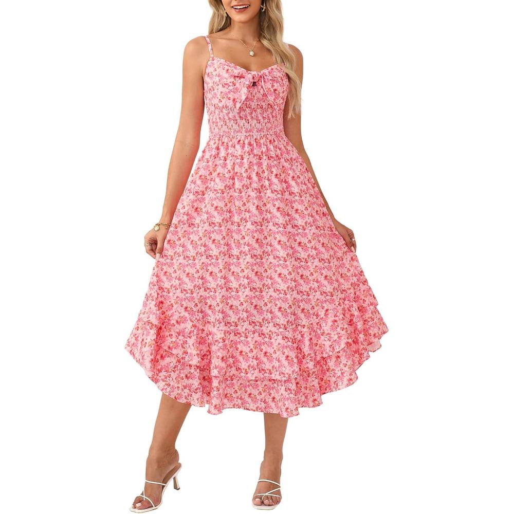 imageGRACE KARIN Womens Summer Floral Maxi Dress Spaghetti Strap A Line Beach Boho Dresses Ruffle Tiered Casual DressPink Floral