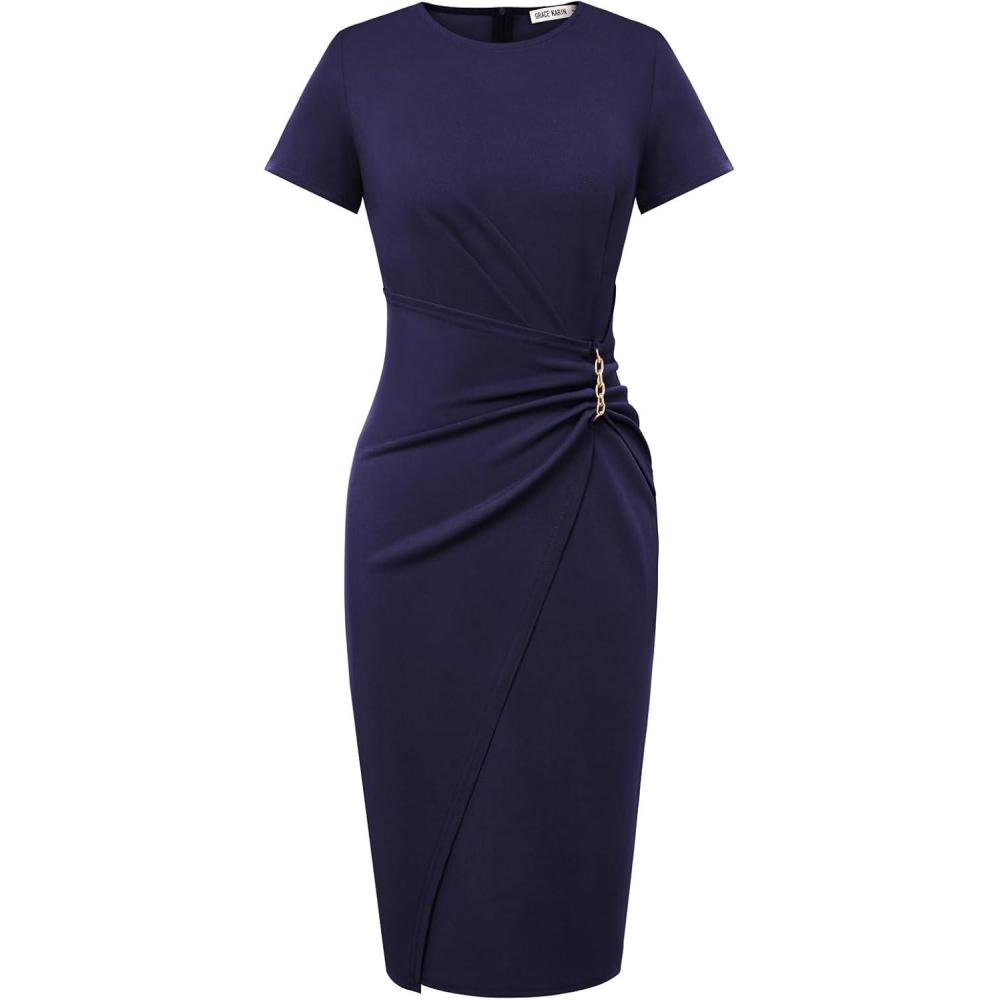 imageGRACE KARIN Work Dresses for Women 2026 Short Sleeve Business Midi Dress Ruched Bodycon Sheath Formal Office OutfitsNavy Blue