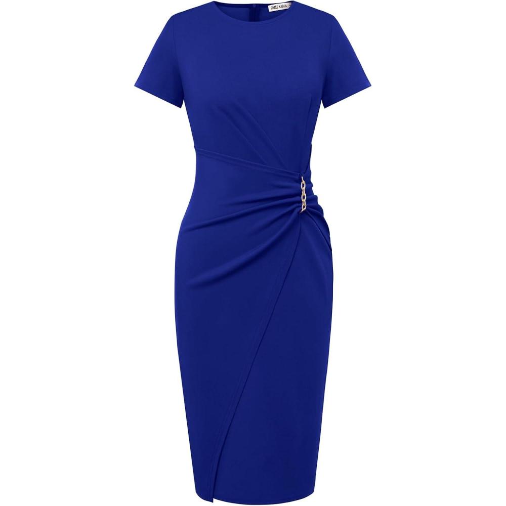imageGRACE KARIN Work Dresses for Women 2026 Short Sleeve Business Midi Dress Ruched Bodycon Sheath Formal Office OutfitsRoyal Blue