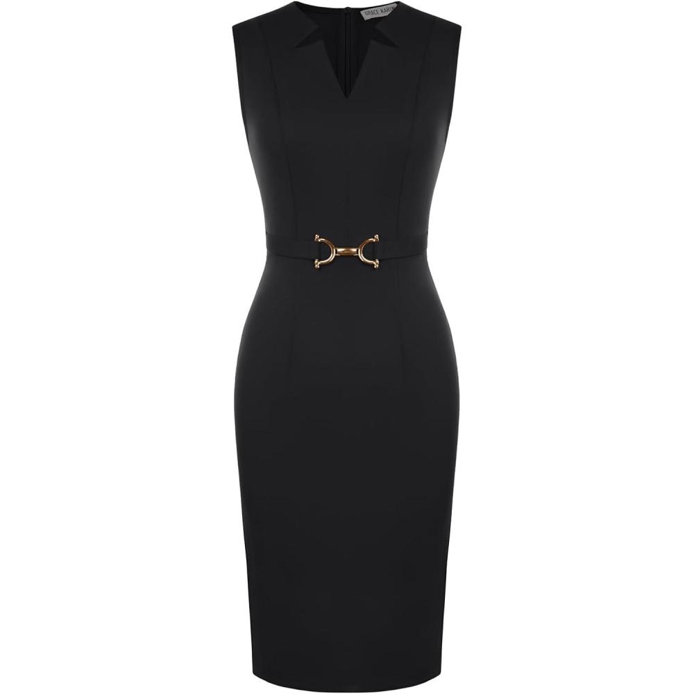 imageGRACE KARIN Work Dresses for Women 2026V Neck Business Office Bodyon DressSleeveless Pencil Semi Formal Midi DressBlack