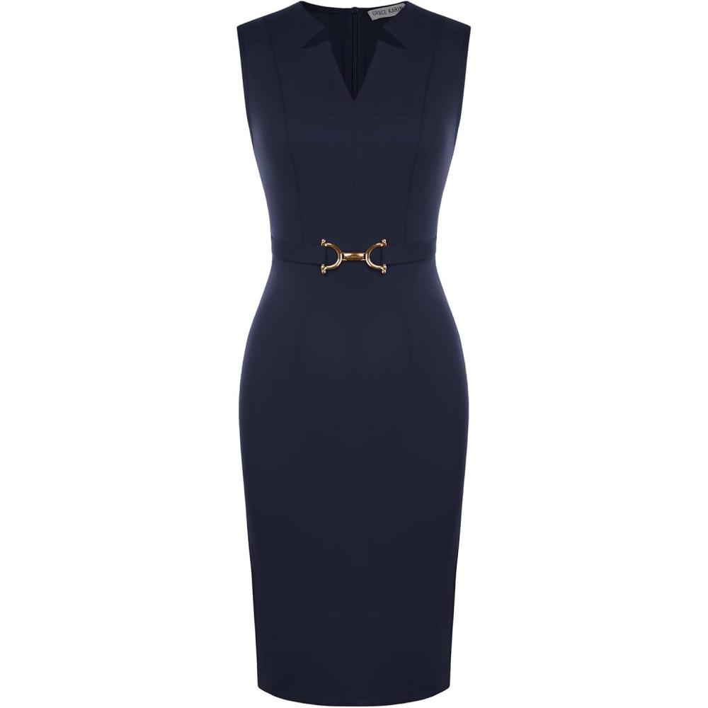 imageGRACE KARIN Work Dresses for Women 2026V Neck Business Office Bodyon DressSleeveless Pencil Semi Formal Midi DressNavy Blue