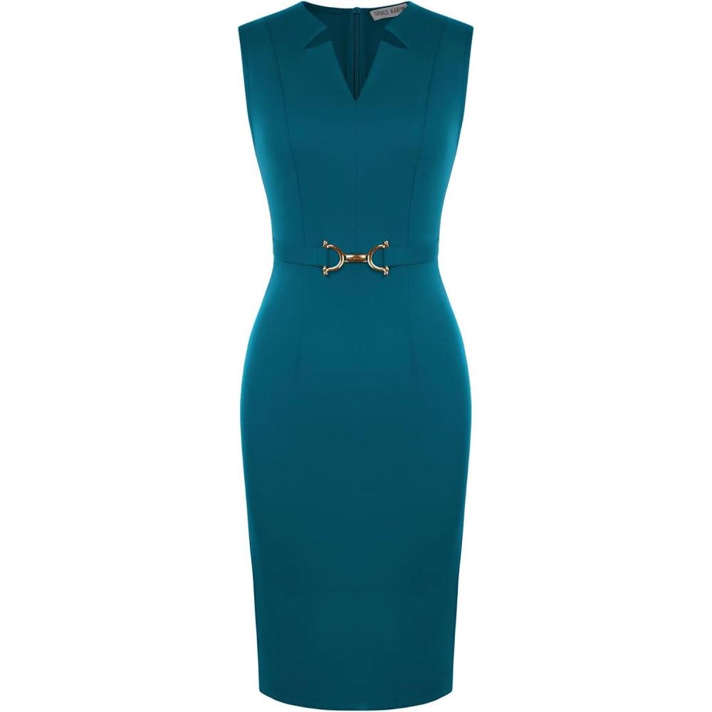 imageGRACE KARIN Work Dresses for Women 2026V Neck Business Office Bodyon DressSleeveless Pencil Semi Formal Midi DressPeacock Blue