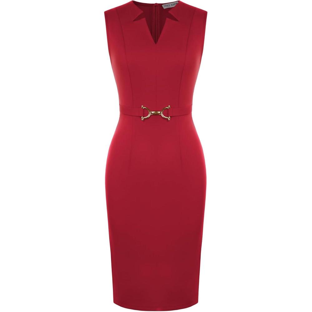 imageGRACE KARIN Work Dresses for Women 2026V Neck Business Office Bodyon DressSleeveless Pencil Semi Formal Midi DressRed