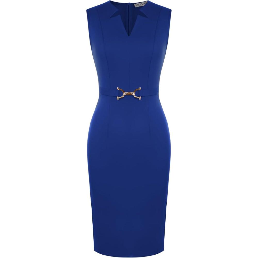 imageGRACE KARIN Work Dresses for Women 2026V Neck Business Office Bodyon DressSleeveless Pencil Semi Formal Midi DressRoral Blue