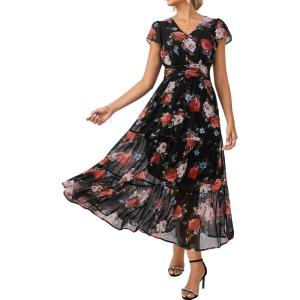 GRACE KARIN 2026 Women Summer Dress,Maxi Short Sleeve Floral Dresses,Semi Formal Flowy Wedding Guest Dress with Pocket(Black With Roses)