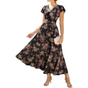 GRACE KARIN 2026 Women Summer Dress,Maxi Short Sleeve Floral Dresses,Semi Formal Flowy Wedding Guest Dress with Pocket(Black-based Clustered Roses)