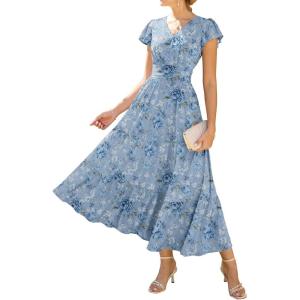 GRACE KARIN 2026 Women Summer Dress,Maxi Short Sleeve Floral Dresses,Semi Formal Flowy Wedding Guest Dress with Pocket(Gray-blue With Blue and White Flowers)