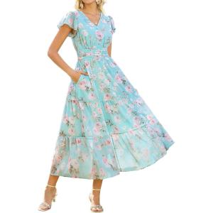 GRACE KARIN 2026 Women Summer Dress,Maxi Short Sleeve Floral Dresses,Semi Formal Flowy Wedding Guest Dress with Pocket(Mint Green With Light Pink Roses)