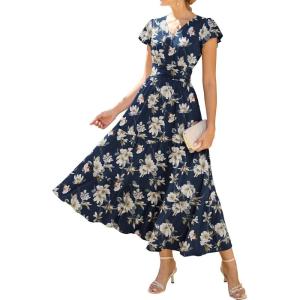 GRACE KARIN 2026 Women Summer Dress,Maxi Short Sleeve Floral Dresses,Semi Formal Flowy Wedding Guest Dress with Pocket(Navy Blue With White Flowers)
