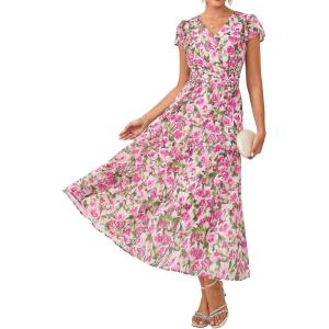 GRACE KARIN 2026 Women Summer Dress,Maxi Short Sleeve Floral Dresses,Semi Formal Flowy Wedding Guest Dress with Pocket(Rose Pink Gradient Flowers)