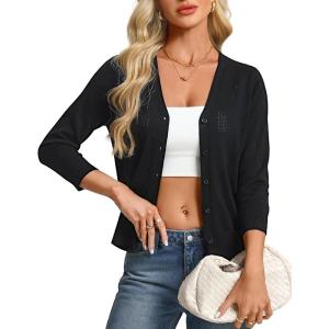 GRACE KARIN Women 3/4 Sleeve Cropped Cardigans, Lightweight Summer Cardigan Sweaters, Open Front Bolero Shrug(Black)
